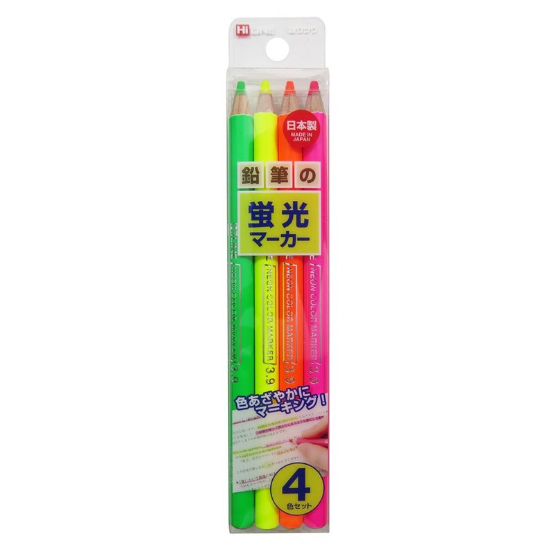 KUTSUWA Hi LiNE Highlighter Pencil, 4 brilliant fluorescent colors/set, 1 Set, Yellow, green, Pink, Orange (PA001) - Image 1